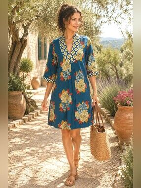 New Lisa Corti Milano Floral Cotton Tunic Dress Split Neck Resort Boho Small